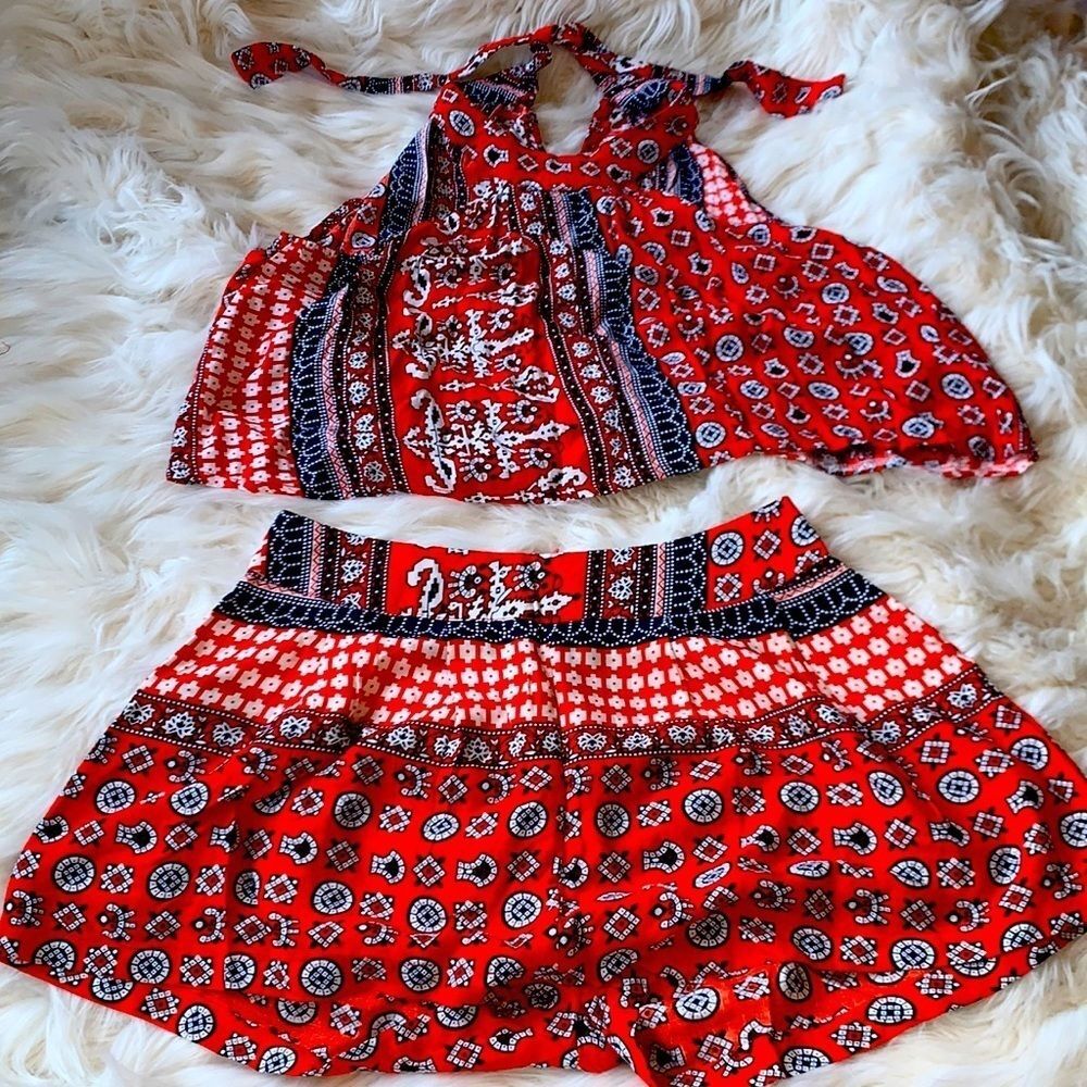 Boho Halter Neck Two Piece Top and Shorts Vintage Print Size Small
